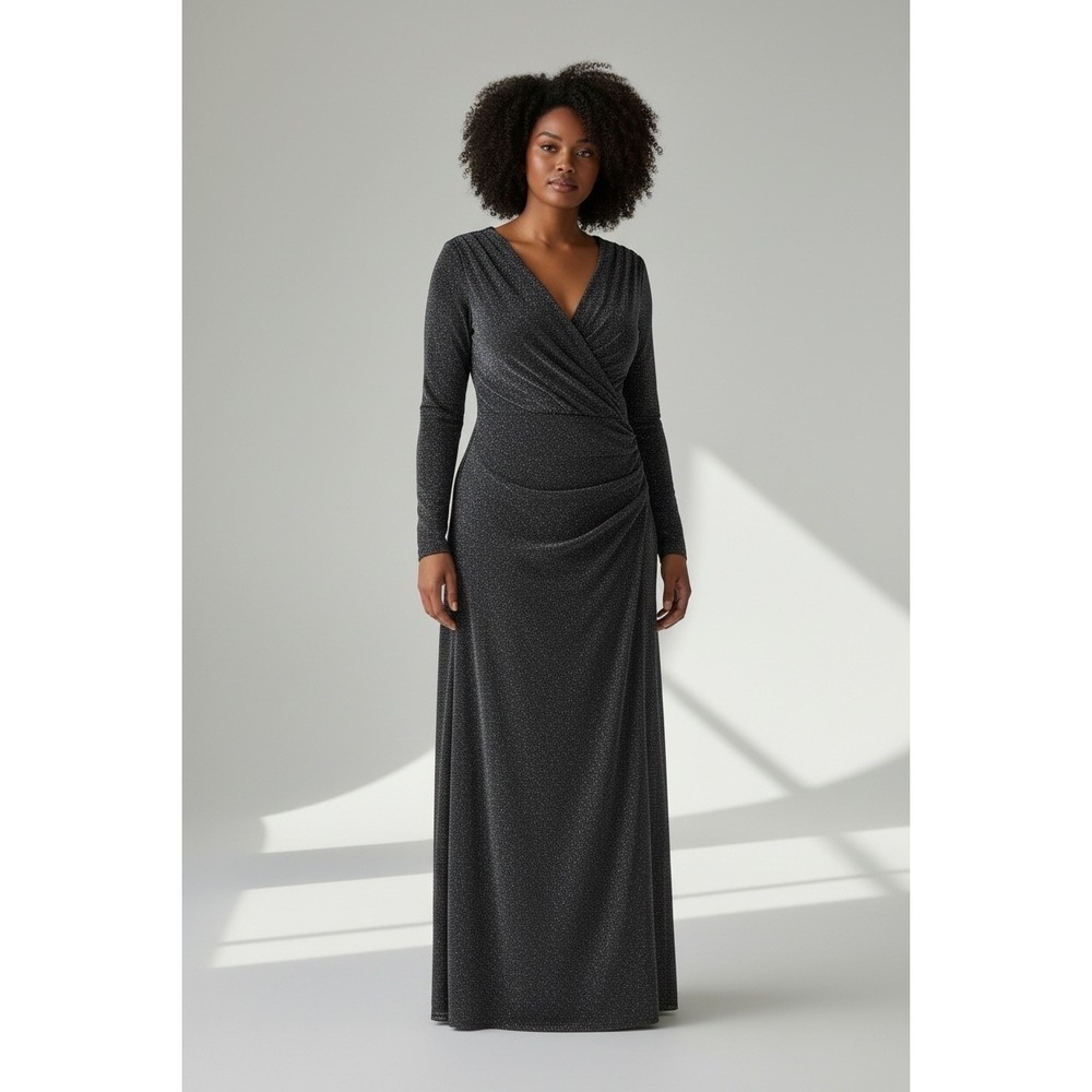 Vince Camuto Metallic Ruched Wrap‎ Maxi Dress Size 20W Black Long Sleeve Evening